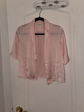 Light Pink Satin Button-Front Short Sleeve Shirt